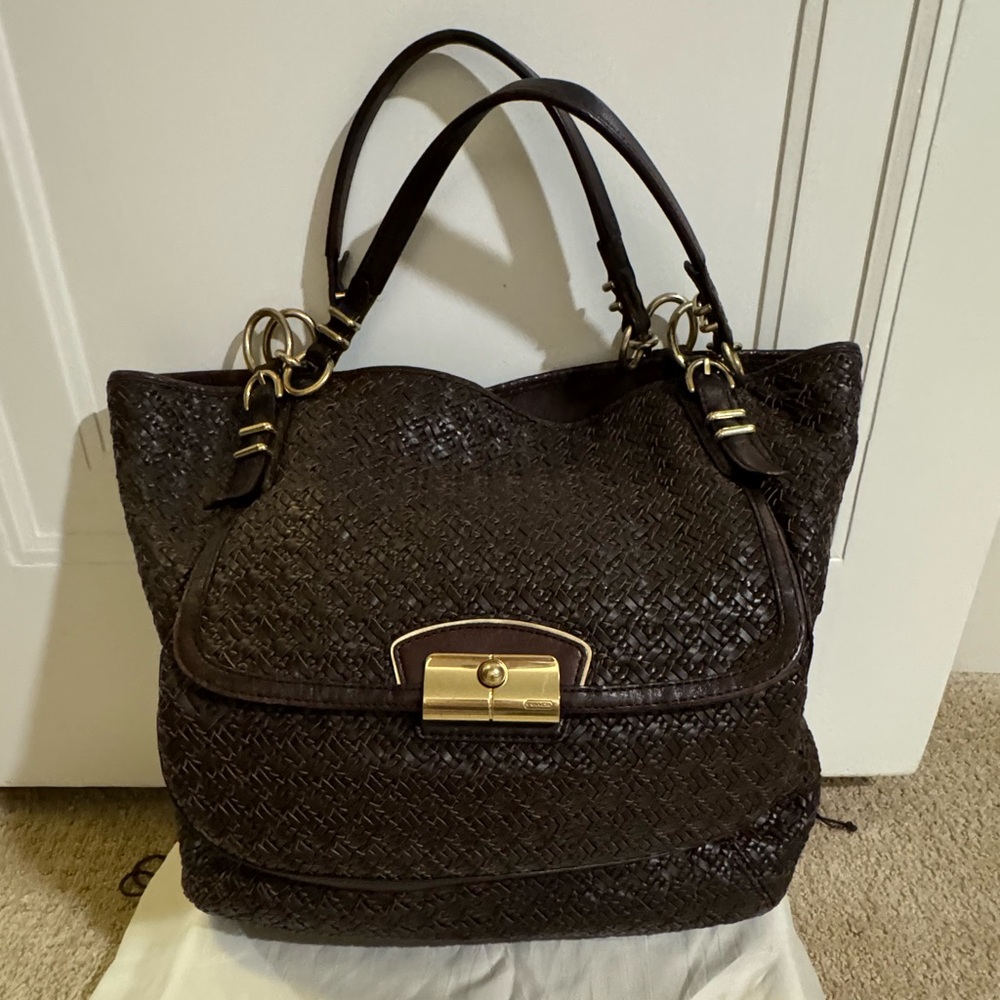 Brown woven leather Coach tote